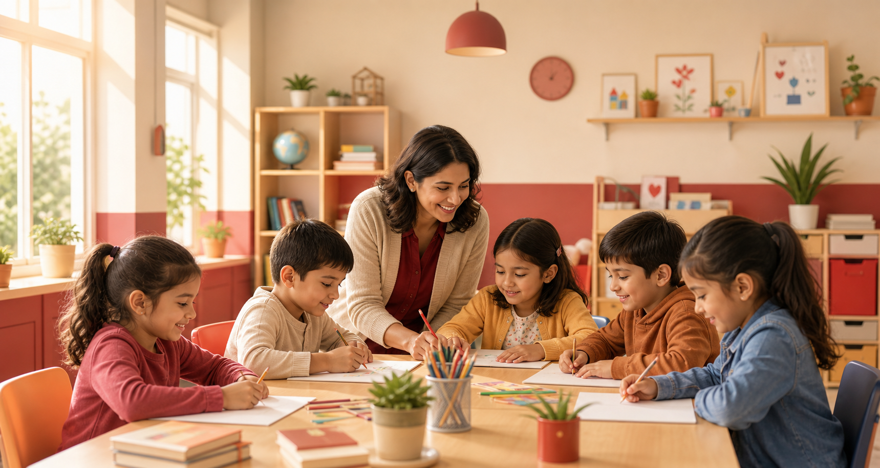 Teacher guiding children in a classroom